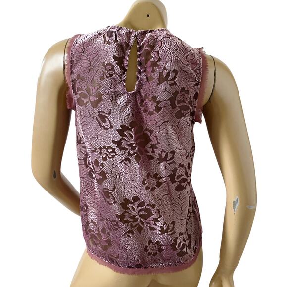 GUESS Womens Size XXS Sheer Sleeveless Mauve Velvet Trim Fringed Tank Top Shirt - Picture 4 of 9